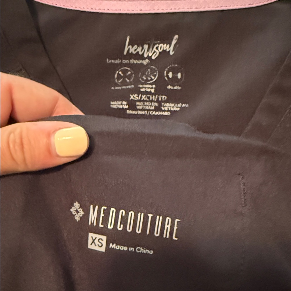 Stretchy Black Scrub set (women's). Heart Soul top and MedCouture joggers.